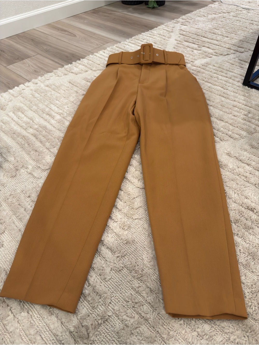 Zara High-Waist Belted Trousers in Camel Brown